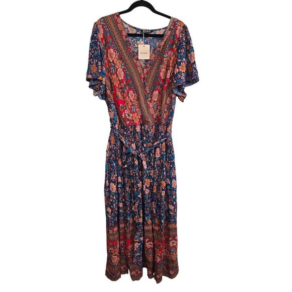 NWT Bloomchic Plus Sz 22-24 Bandana V-neck Pocket Belted Flutter Hem Maxi Boho - Picture 4 of 13